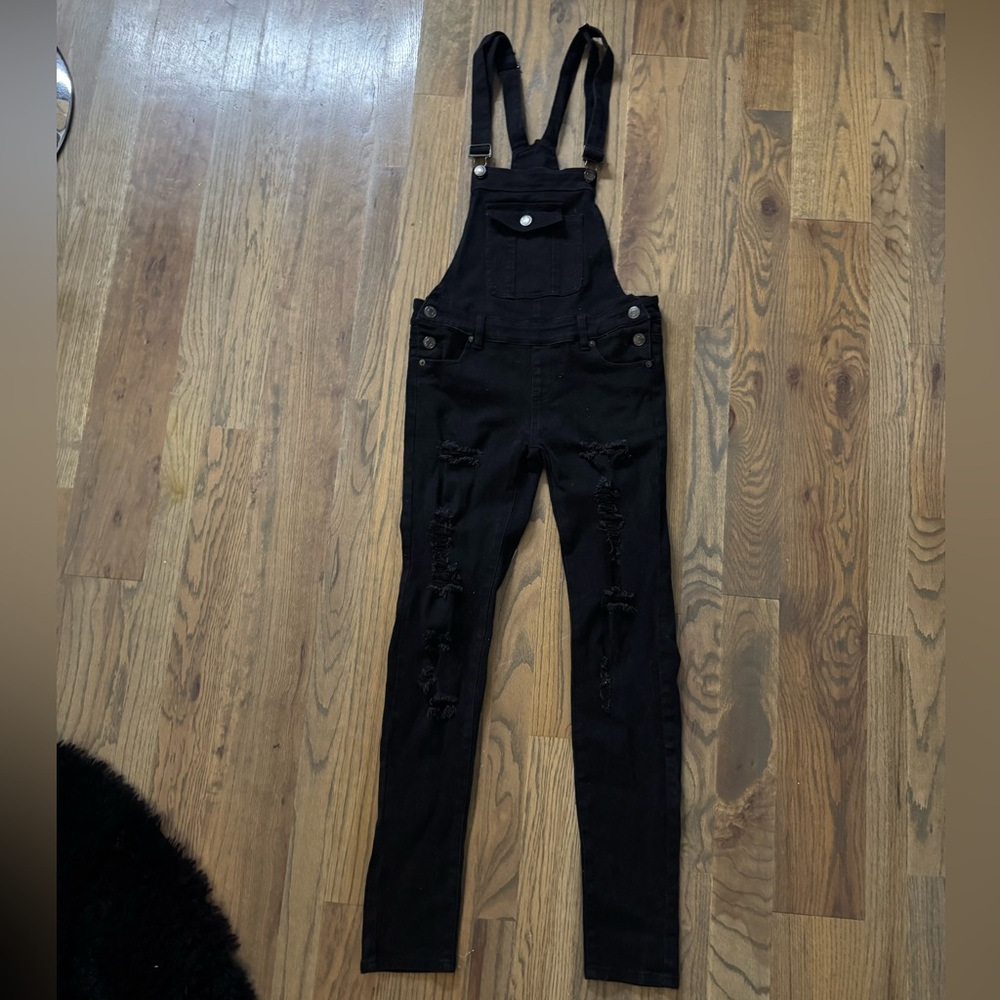 The Rockin Rev | Black Baggy Denim Overalls Distressed